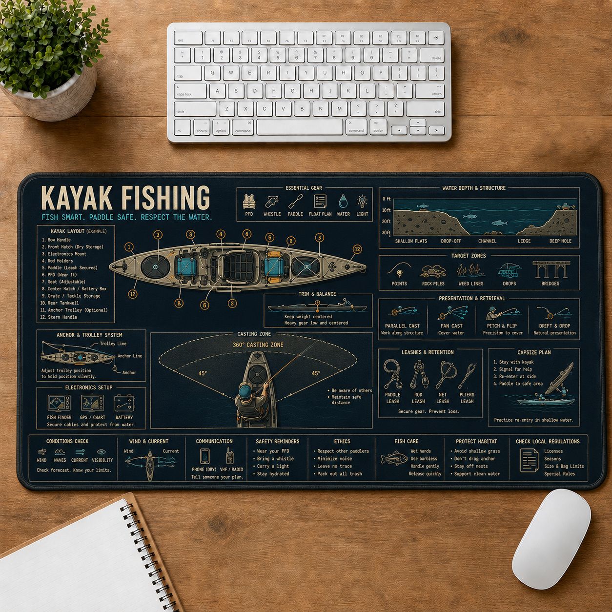 Kayak Fishing Fishing Field Guide Desk Mat | 5To9Vibe