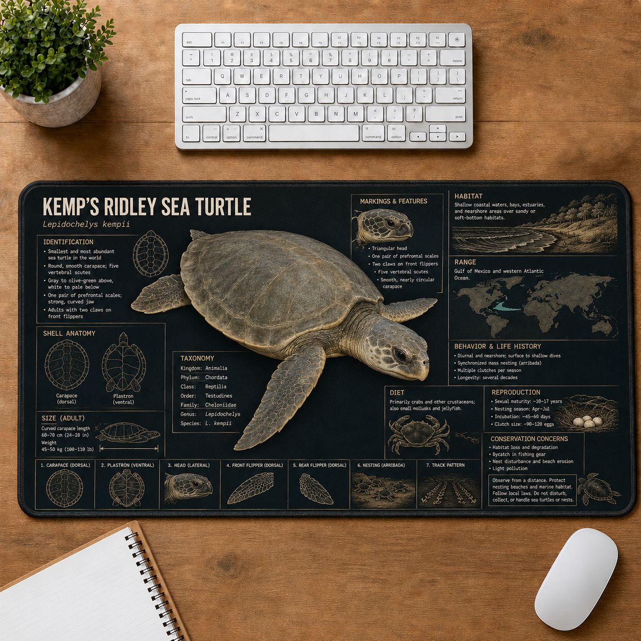Kemp's Ridley Sea Turtle Turtle and Tortoise Species Guide Desk Mat | 5To9Vibe