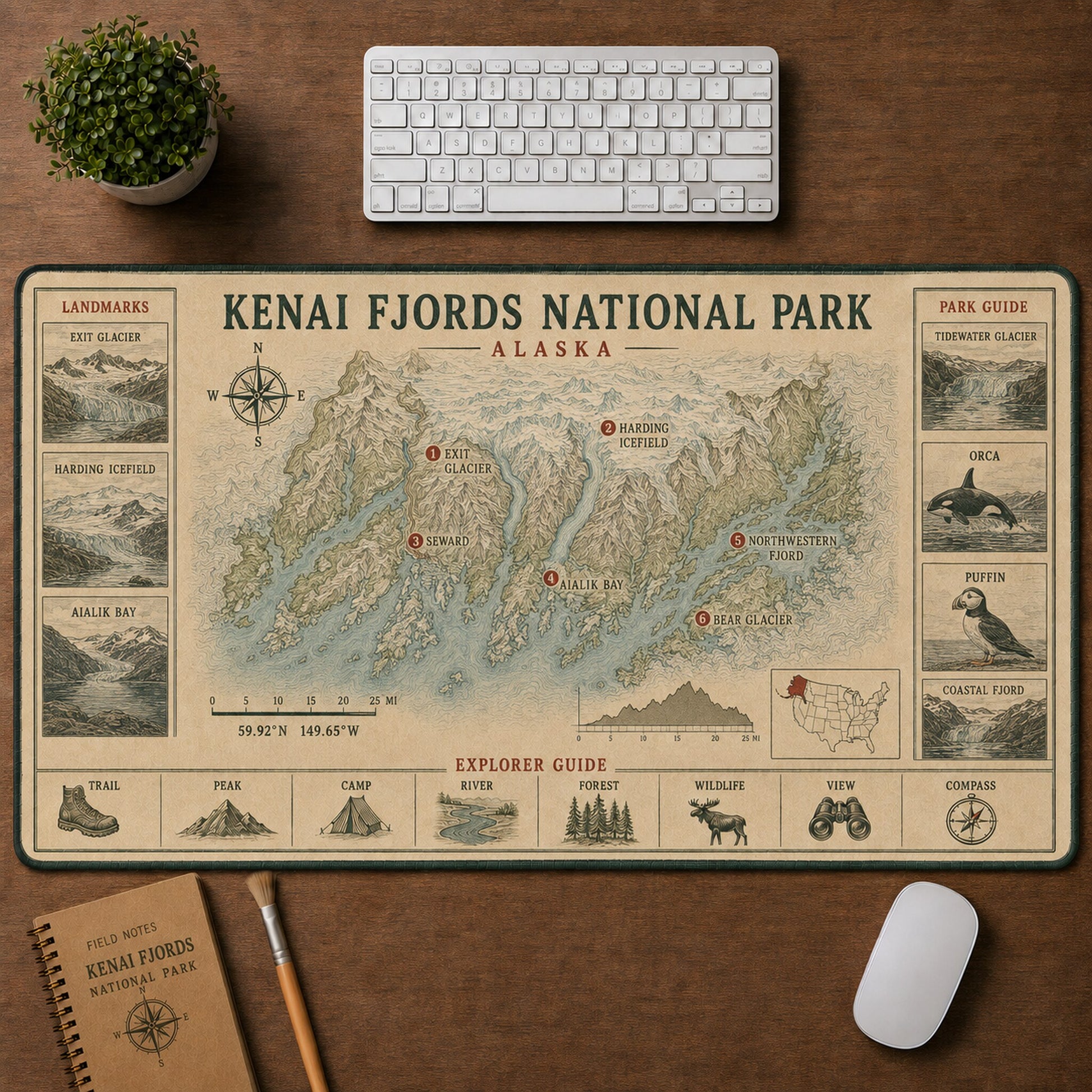 Kenai Fjords National Park Vintage Topographic Park Map Explorer Guide Desk Mat | 5To9Vibe