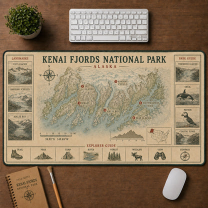 Kenai Fjords National Park Vintage Topographic Park Map Explorer Guide Desk Mat | 5To9Vibe