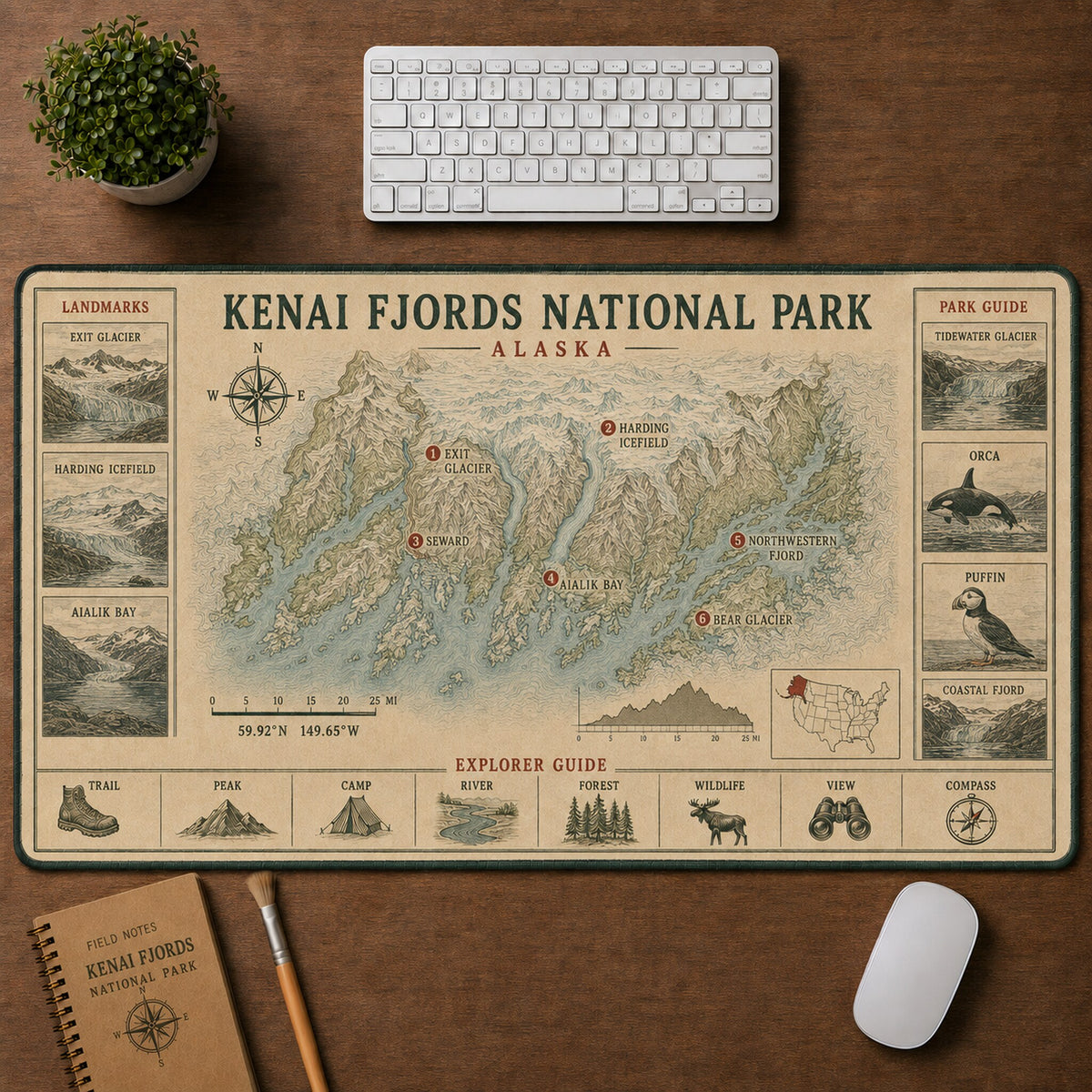 Kenai Fjords National Park Vintage Topographic Park Map Explorer Guide Desk Mat | 5To9Vibe