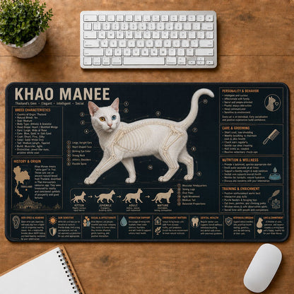 Khao Manee Cat Breed Desk Mat Anatomy Guide | 5To9Vibe