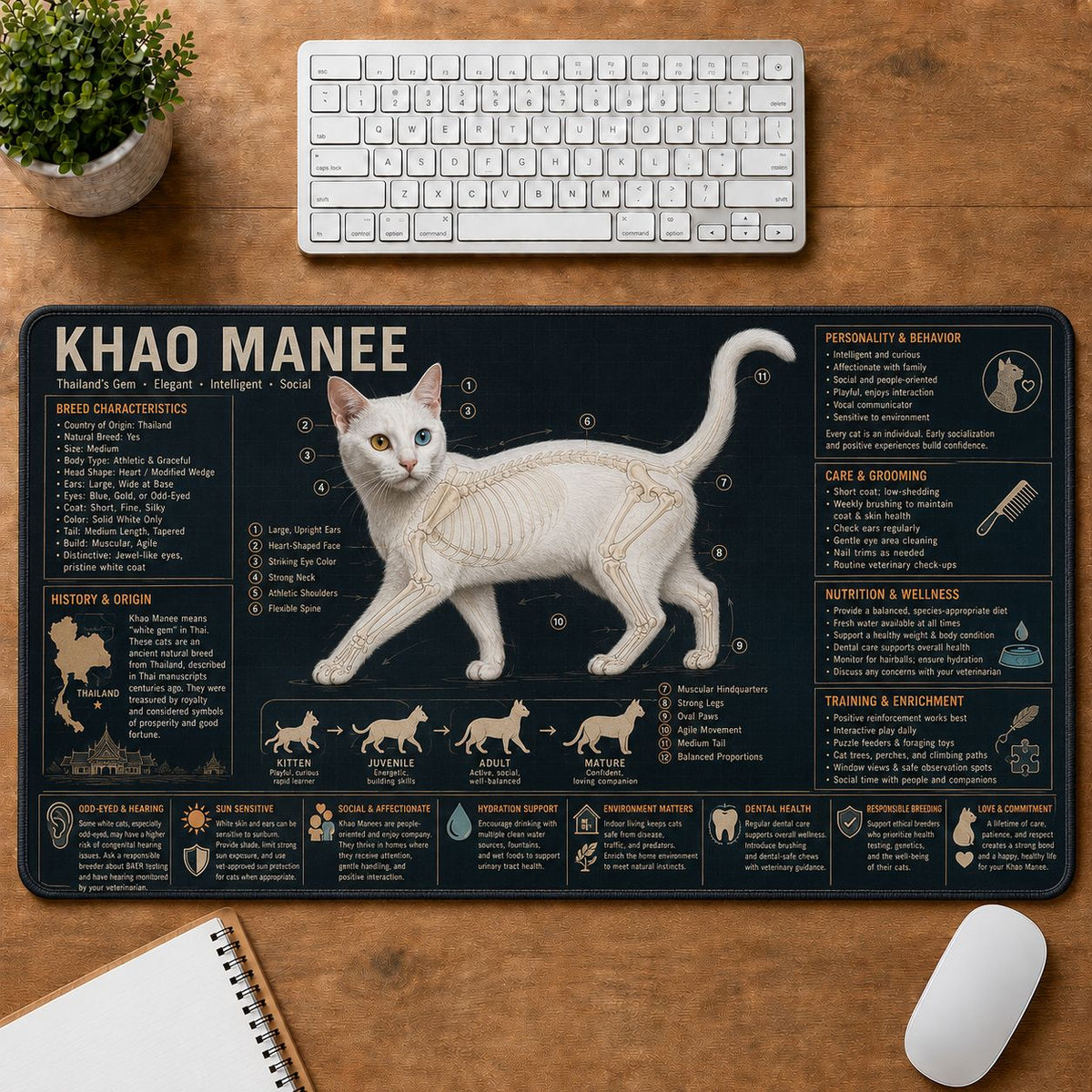 Khao Manee Cat Breed Desk Mat Anatomy Guide | 5To9Vibe