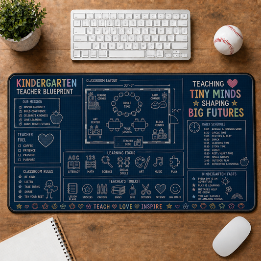 Kindergarten Teacher Blueprint Large Desk Mat - Classroom Schedule & Learning Focus Plus Size Mouse Pad - 5to9vibe
