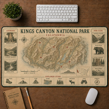 Kings Canyon National Park Vintage Topographic Park Map Explorer Guide Desk Mat | 5To9Vibe