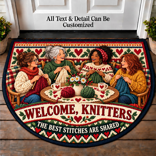 Knitting Circle - Knitters Welcome Personalized Half Round Mat | 5To9Vibe