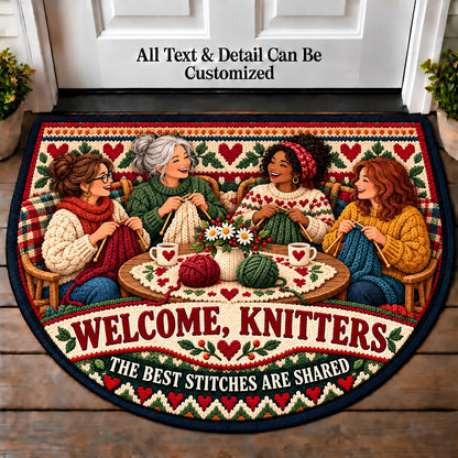 Knitting Circle - Knitters Welcome Personalized Half Round Mat | 5To9Vibe