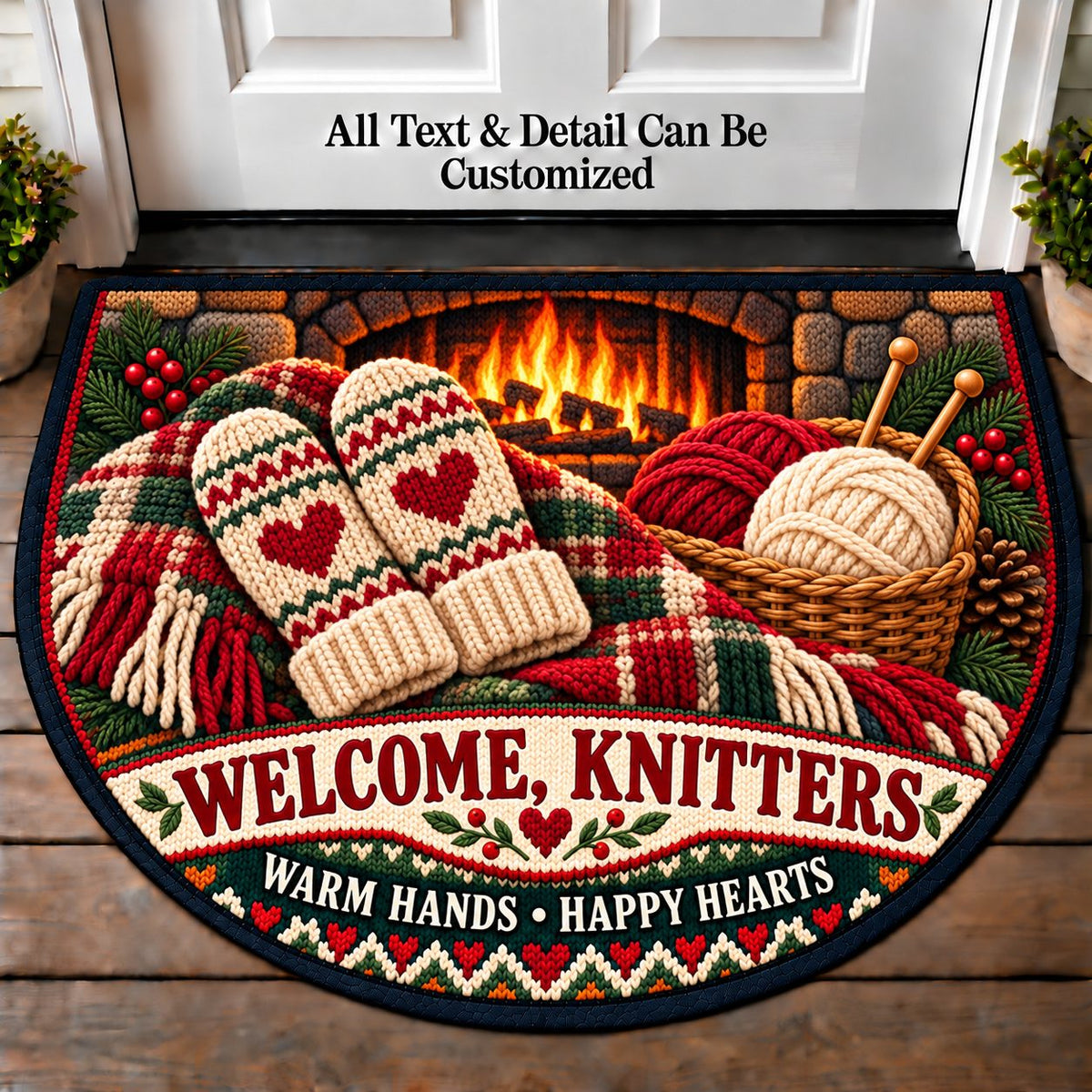 Mittens by the Fire - Knitters Welcome Personalized Half Round Mat | 5To9Vibe