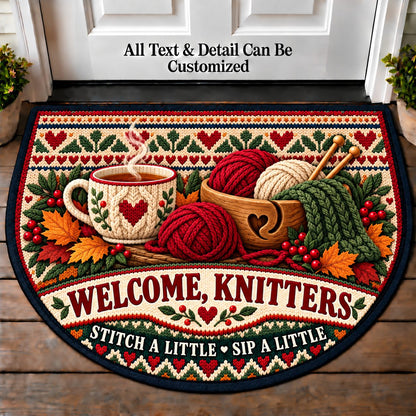 Needles Tea - Knitters Welcome Personalized Half Round Mat | 5To9Vibe