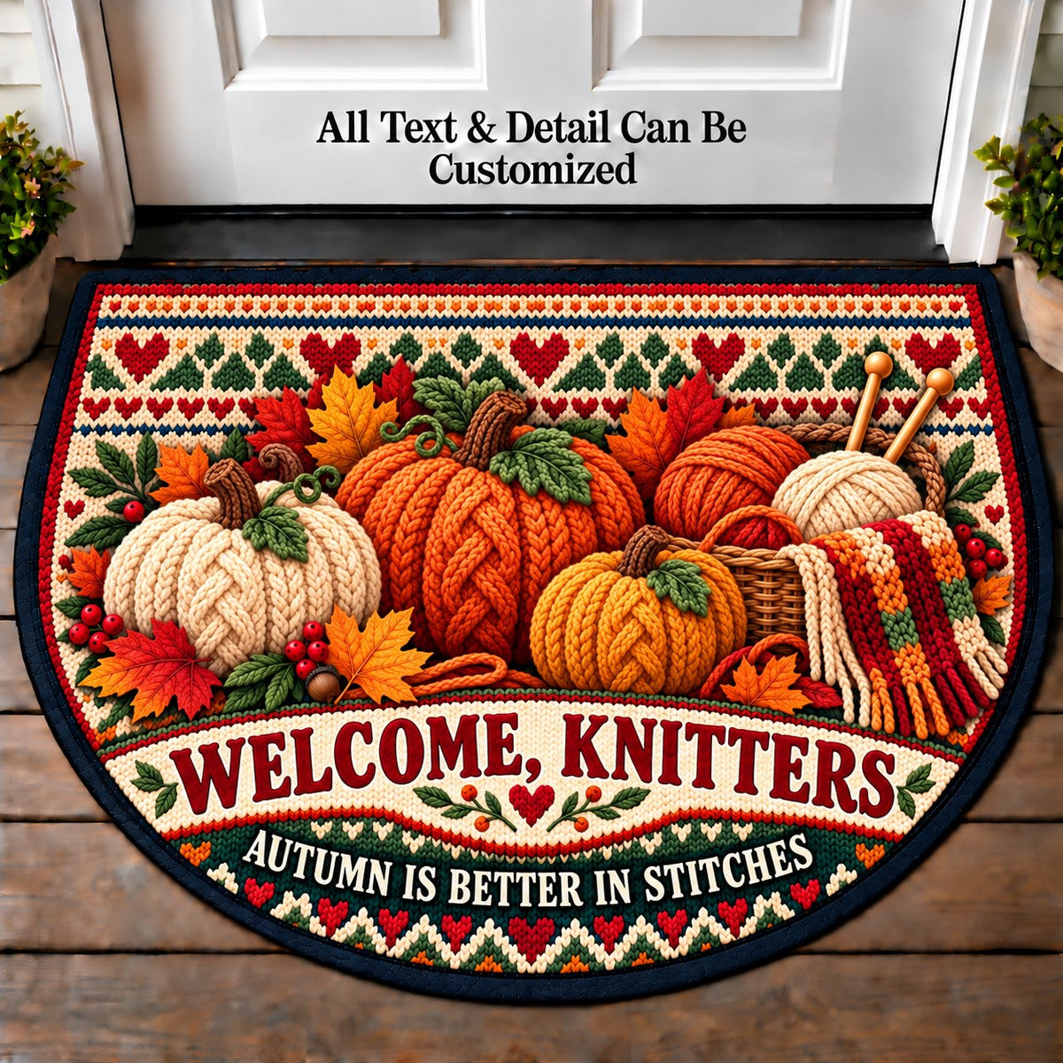 Pumpkin Knit - Knitters Welcome Personalized Half Round Mat | 5To9Vibe