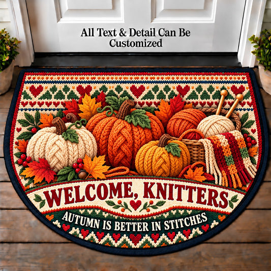 Pumpkin Knit - Knitters Welcome Personalized Half Round Mat | 5To9Vibe
