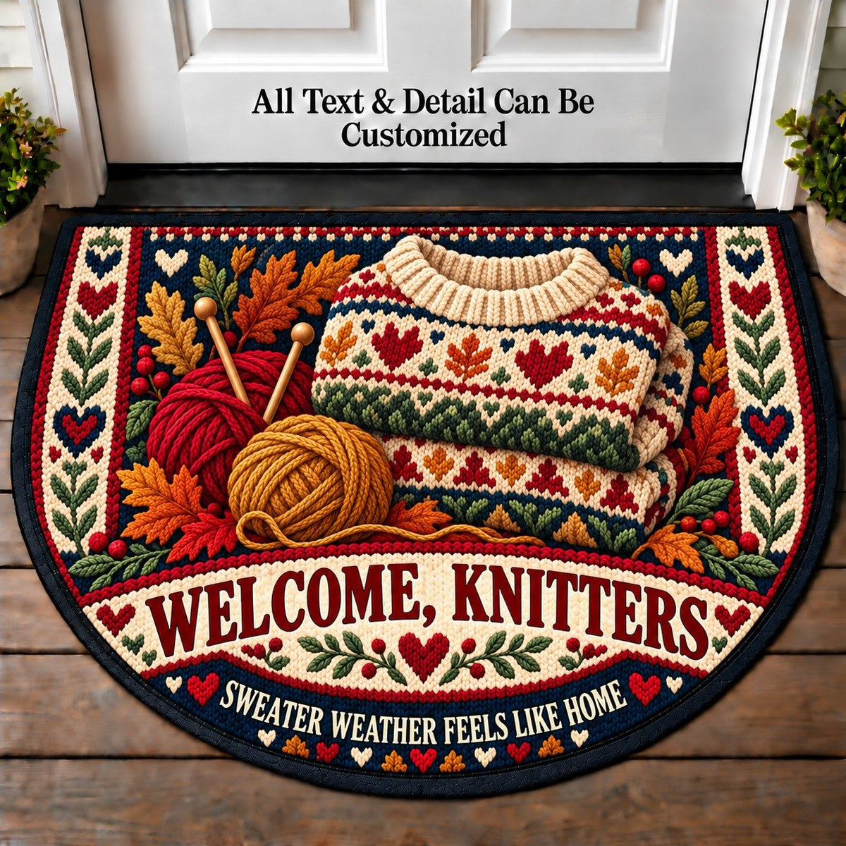 Sweater Weather - Knitters Welcome Personalized Half Round Mat | 5To9Vibe