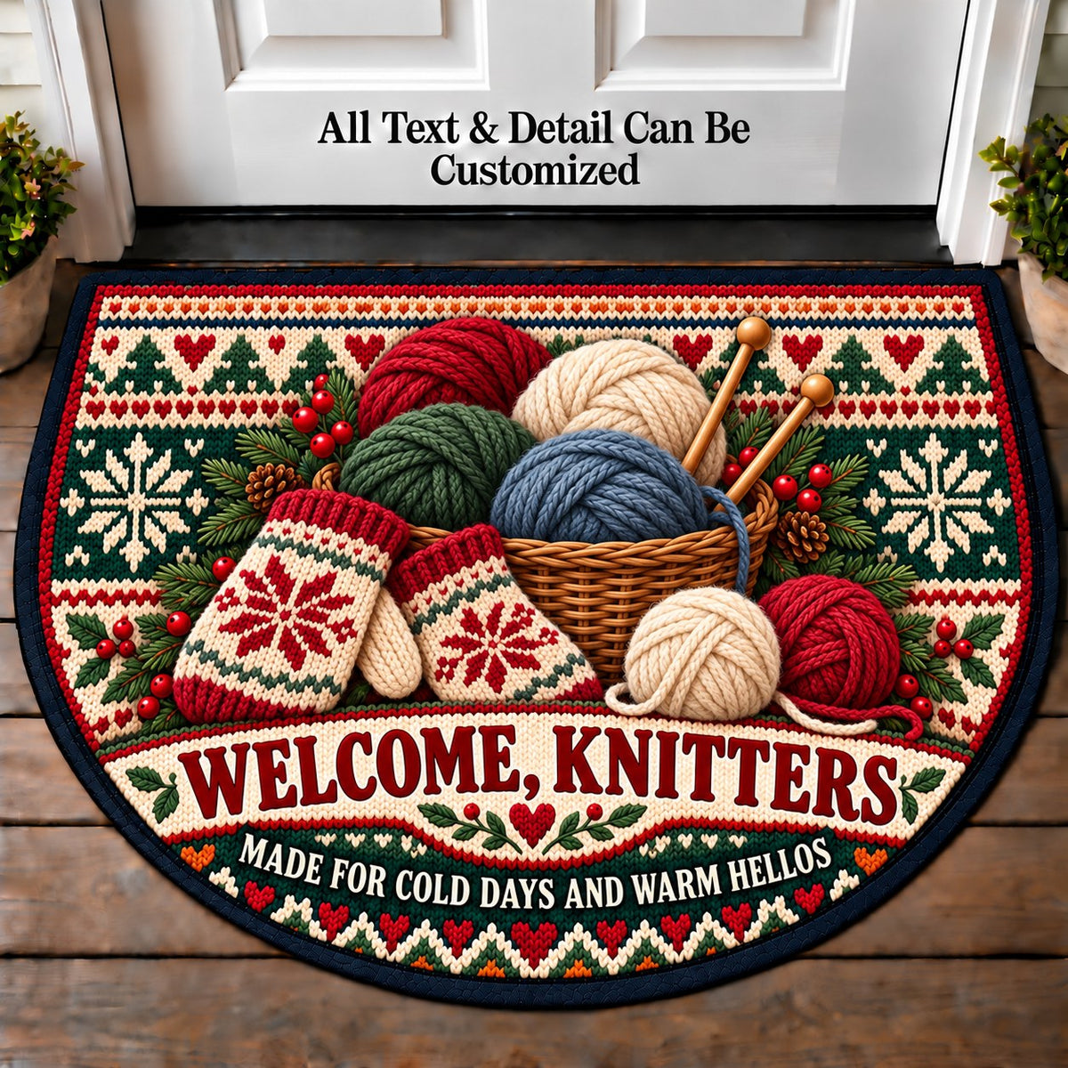 Winter Wool - Knitters Welcome Personalized Half Round Mat | 5To9Vibe