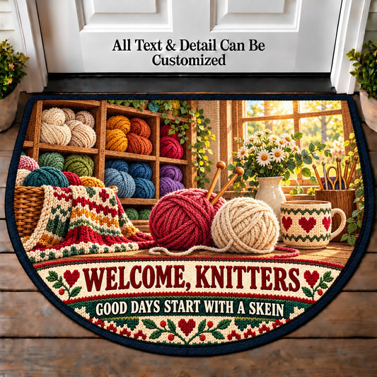 Yarn Shop Morning - Knitters Welcome Personalized Half Round Mat | 5To9Vibe