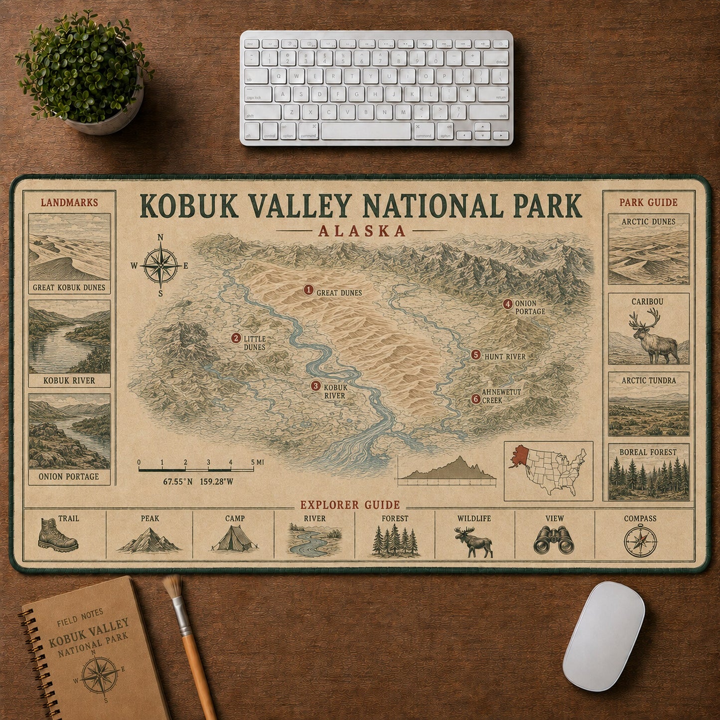 Kobuk Valley National Park Vintage Topographic Park Map Explorer Guide Desk Mat | 5To9Vibe