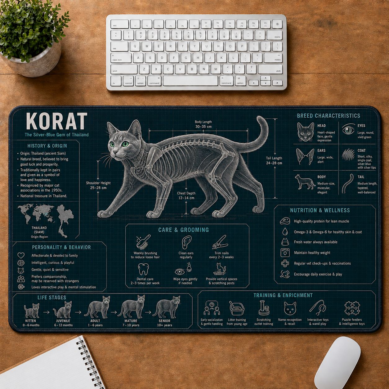 Korat Cat Breed Desk Mat Anatomy Guide | 5To9Vibe