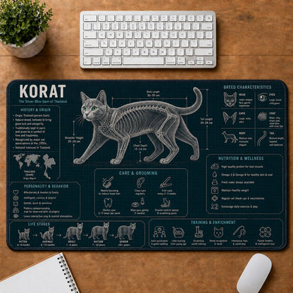Korat Cat Breed Desk Mat Anatomy Guide | 5To9Vibe