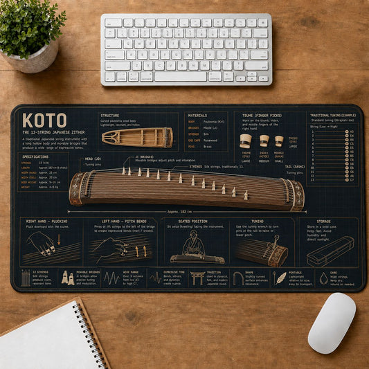 Koto Musical Instrument Blueprint Guide Desk Mat | 5To9Vibe