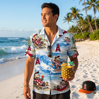 Camisa Hawaiana Unisex con Botones para Hombres y Mujeres, Modelo "LAA Baseball Mascot Beach Vibe"