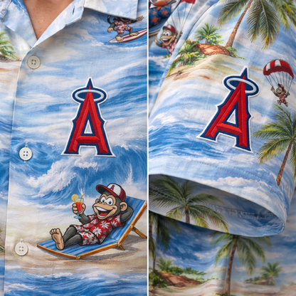 Camisa Hawaiana Unisex con Botones para Hombres y Mujeres, Modelo "LAA Baseball Mascot Beach Vibe"