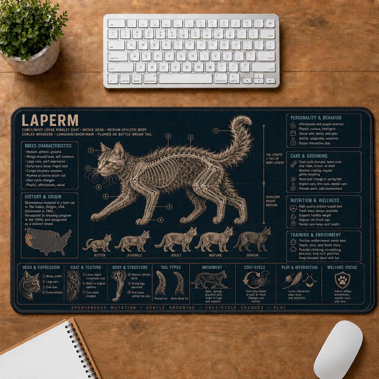LaPerm Cat Breed Desk Mat Anatomy Guide | 5To9Vibe