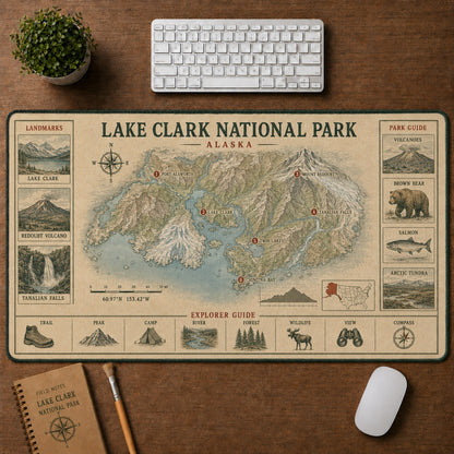 Lake Clark National Park Vintage Topographic Park Map Explorer Guide Desk Mat | 5To9Vibe
