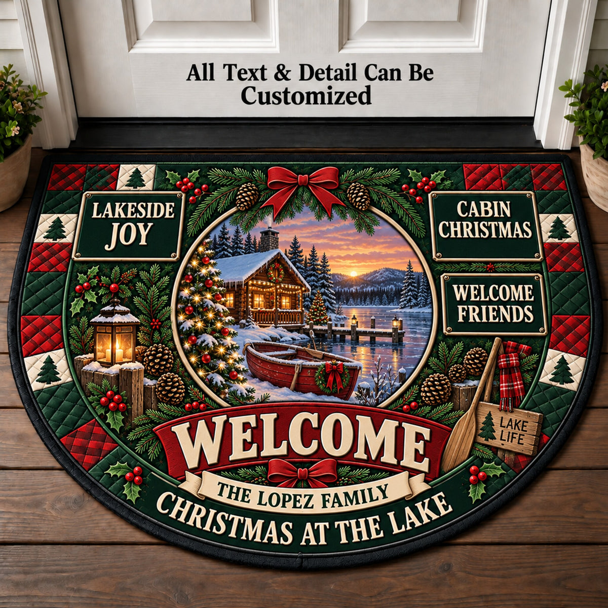 Lakeside Cabin Christmas Personalized Half Round Mat | 5To9Vibe