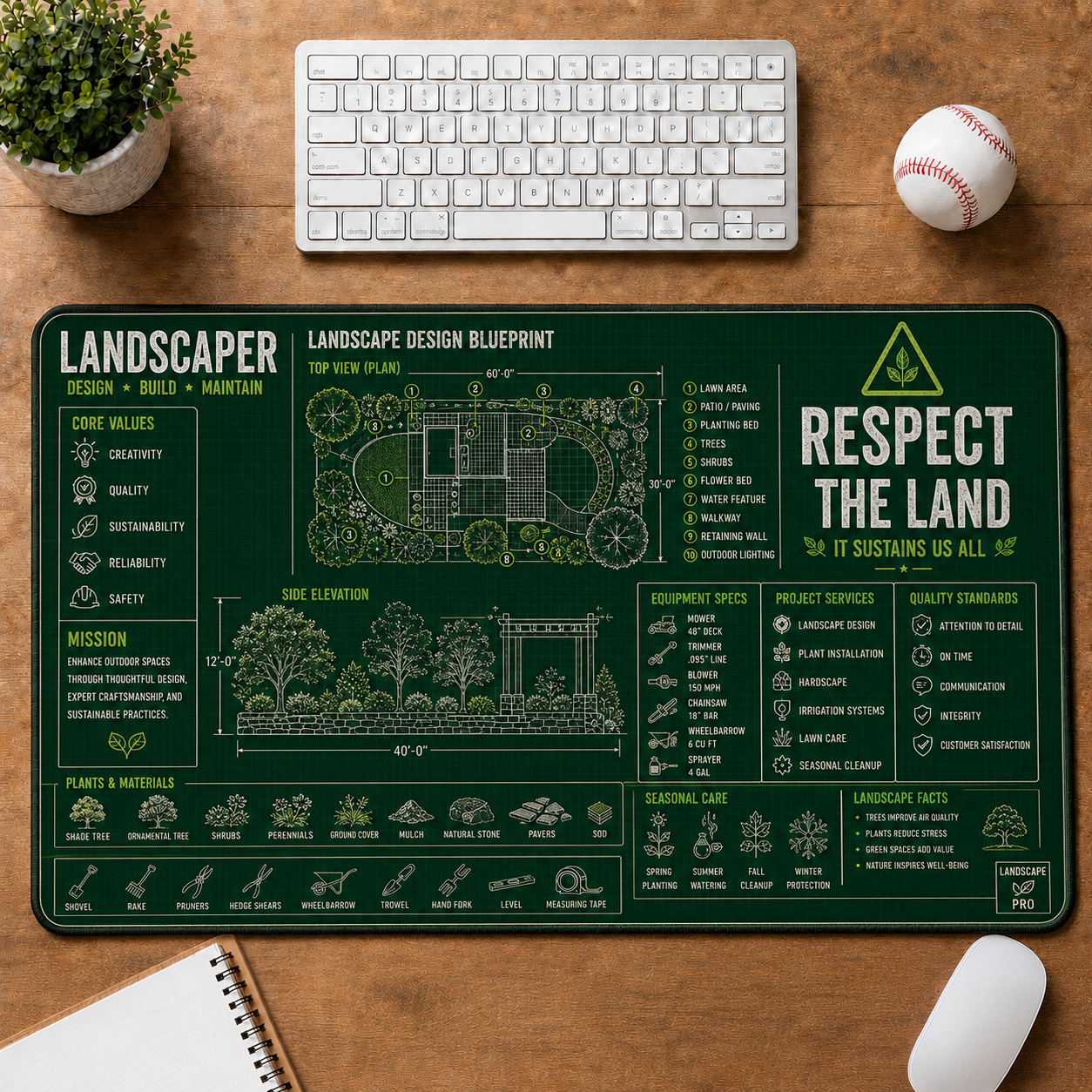 Farmer Blueprint Large Desk Mat - Tractor & Barn Architecture Plus Size Mouse Pad - 5to9vibe