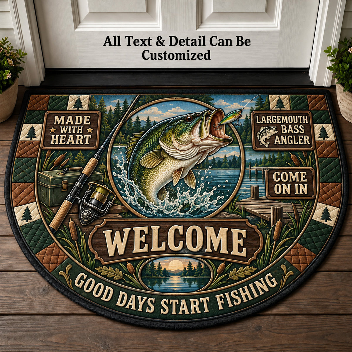 Largemouth Bass Angler Personalized Half Round Mat | 5To9Vibe