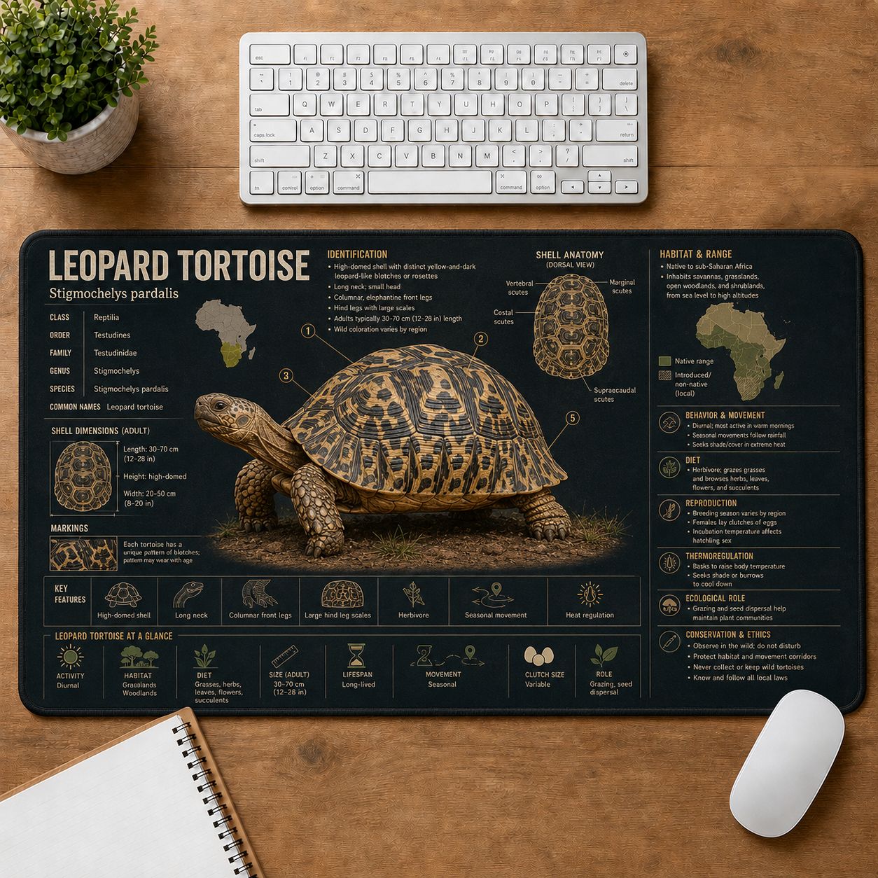 Leopard Tortoise Turtle and Tortoise Species Guide Desk Mat | 5To9Vibe
