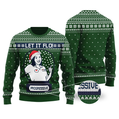 Let It Flo From Progressive Ugly Christmas Sweater Forest Green