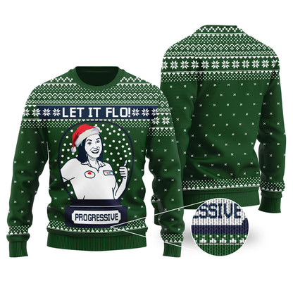 Let It Flo From Progressive Ugly Christmas Sweater Forest Green