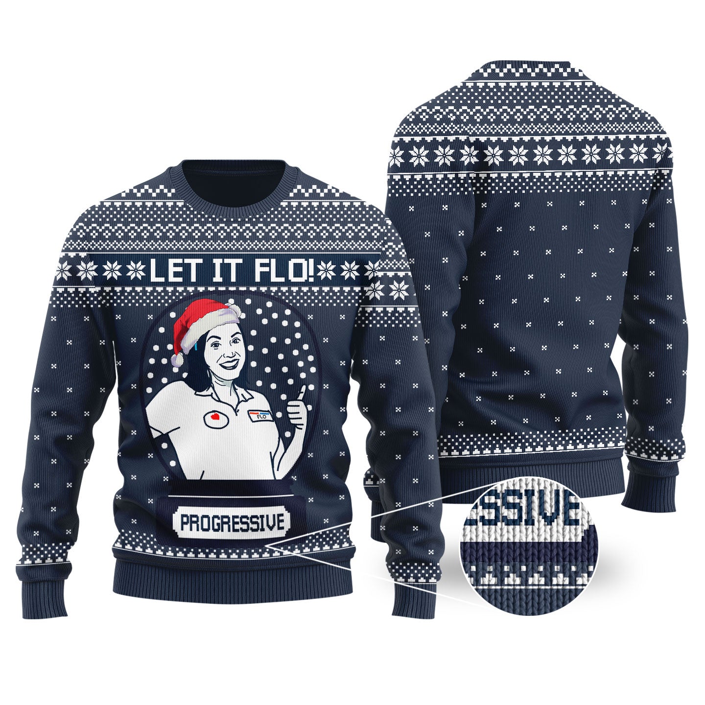 Let It Flo From Progressive Ugly Christmas Sweater Navy
