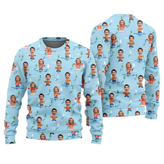 Let It Snow Custom Face Christmas Couple Snowman Ugly Sweater Blue