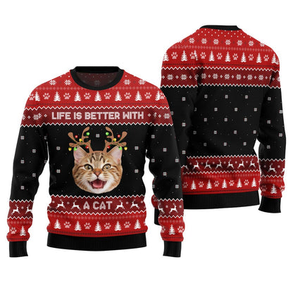 Life Is Better With A Cat Custom Pet Ugly Sweater