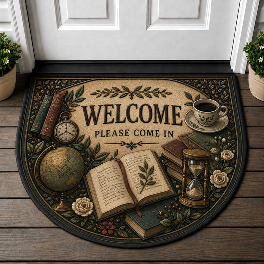 Welcome Please Come In Doormat - Light Academia Vintage Book Study Welcome Mat - 5to9vibe