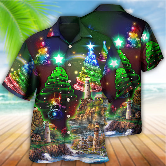Lighthouse And Merry Christmas Happy - Hawaiian Shirt 