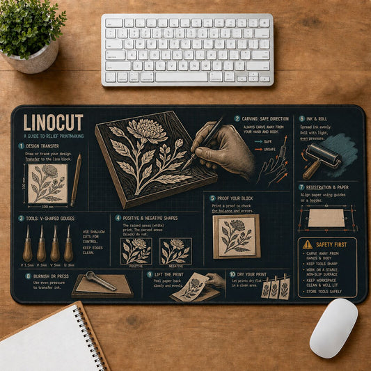 Linocut Creative Reference Guide Desk Mat | 5To9Vibe
