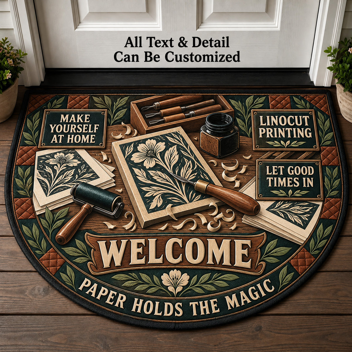 Linocut Printing Personalized Half Round Mat | 5To9Vibe