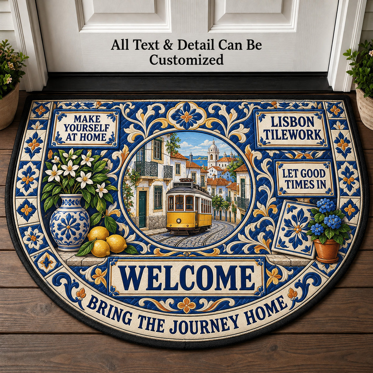 Lisbon Tilework Personalized Half Round Mat | 5To9Vibe