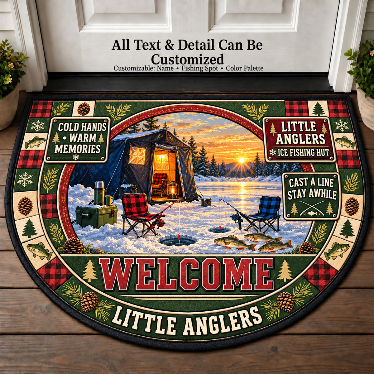 Ice Fishing Hut - Little Anglers Personalized Half Round Mat | 5To9Vibe