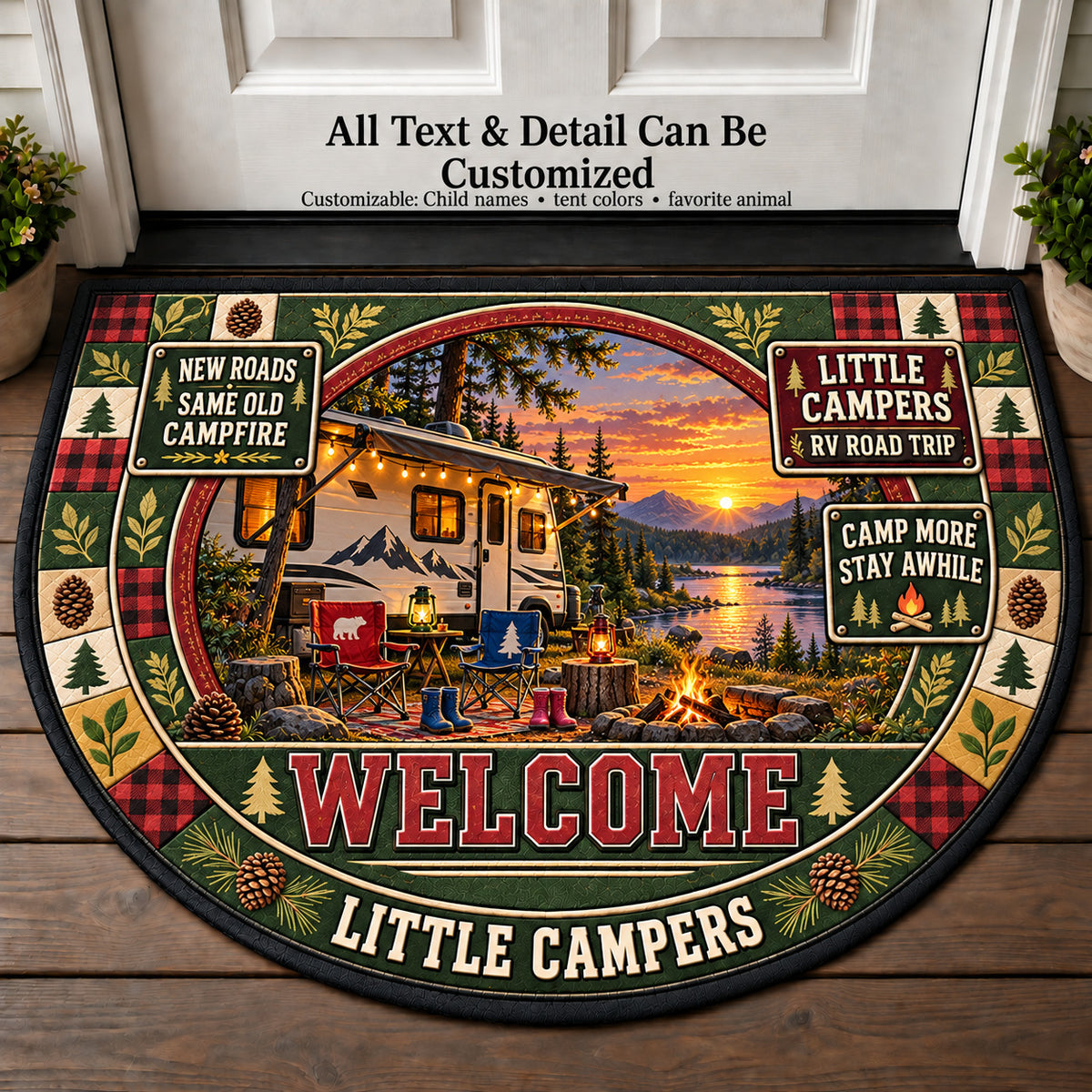 RV Road Trip - Little Campers Personalized Half Round Mat | 5To9Vibe