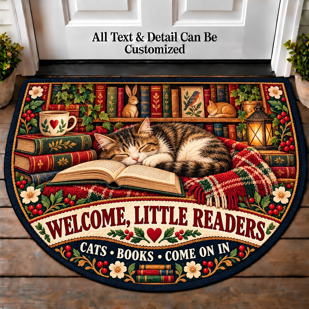 Books and Cats - Little Readers Personalized Half Round Mat | 5To9Vibe