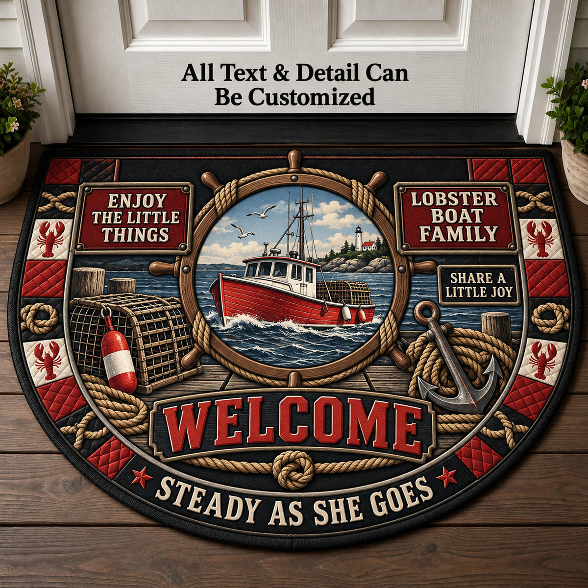 Lobster Boat Family Personalized Half Round Mat | 5To9Vibe