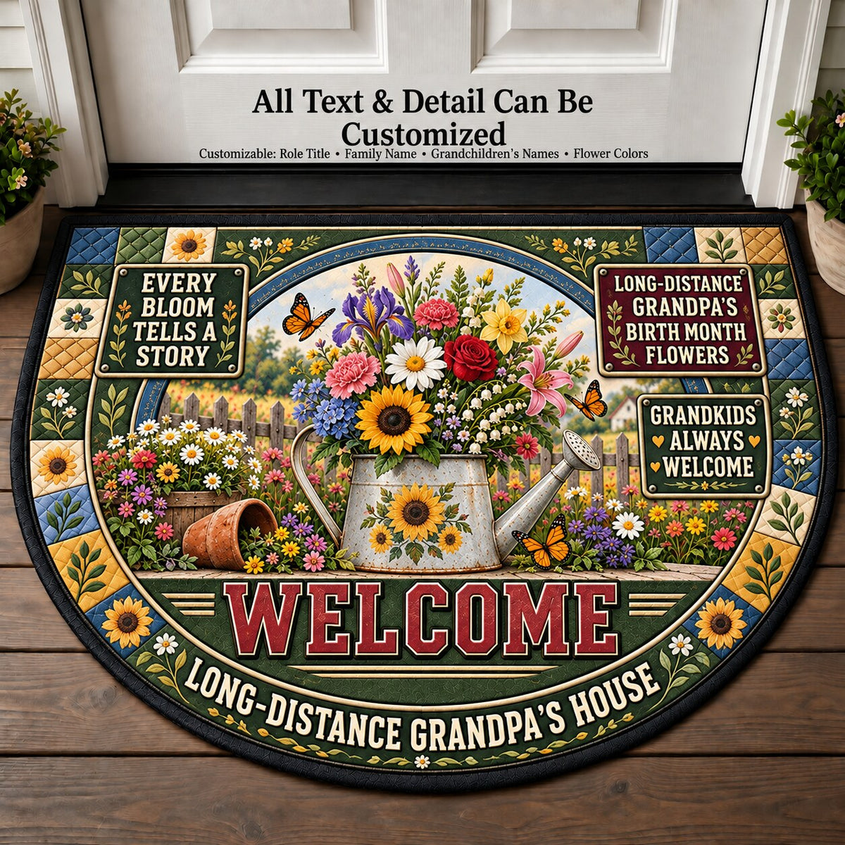 Long-Distance Grandpa's Birth Month Flowers Personalized Half Round Mat | 5To9Vibe