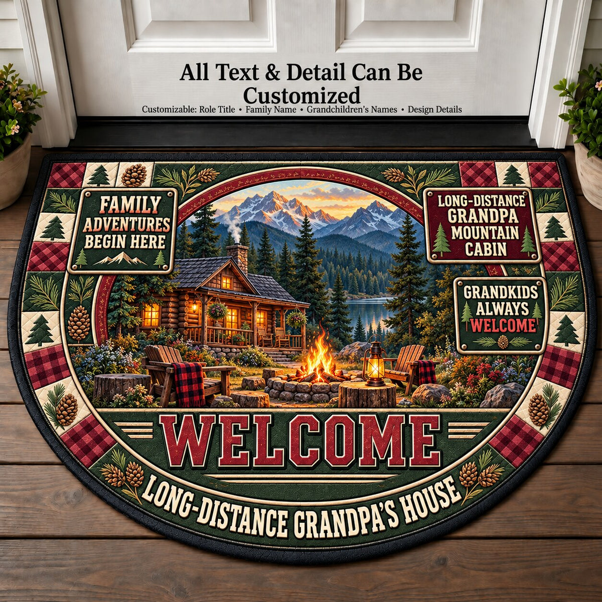 Long-Distance Grandpa's Mountain Cabin Personalized Half Round Mat | 5To9Vibe
