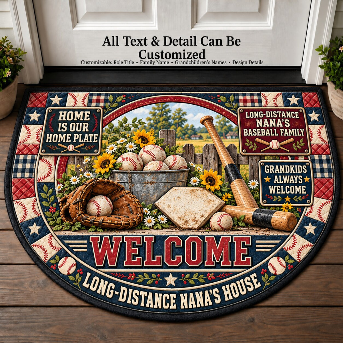 Long-Distance Nana's Baseball Family Personalized Half Round Mat | 5To9Vibe