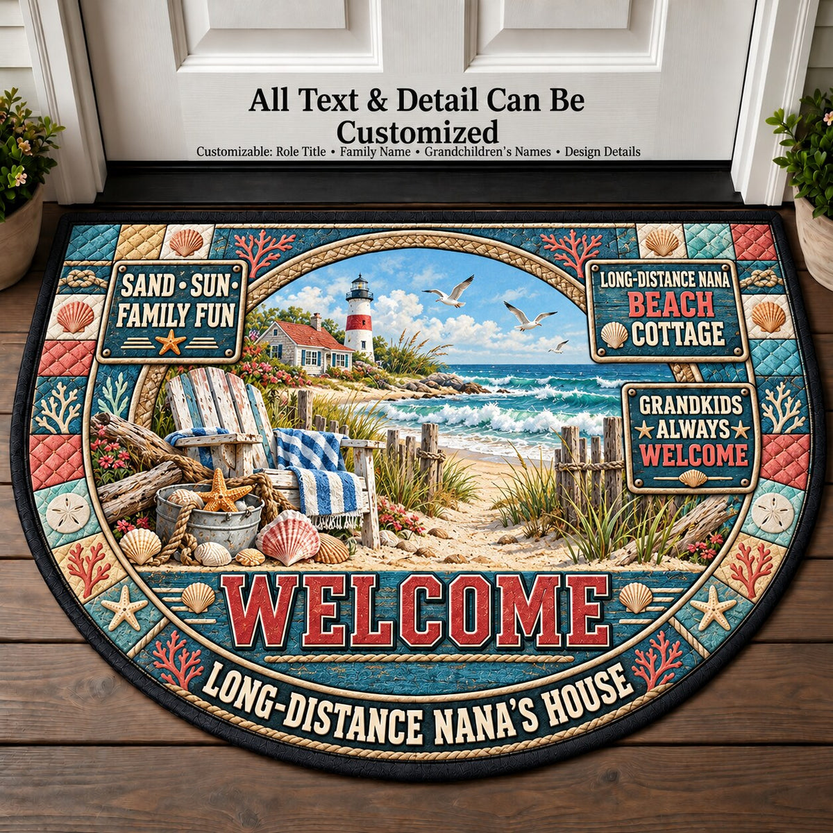 Long-Distance Nana's Beach Cottage Personalized Half Round Mat | 5To9Vibe