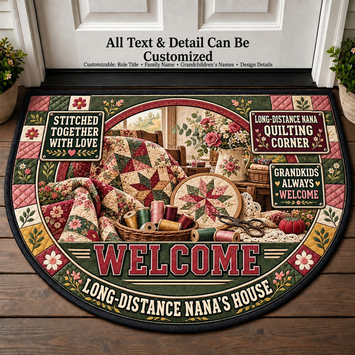 Long-Distance Nana's Quilting Corner Personalized Half Round Mat | 5To9Vibe