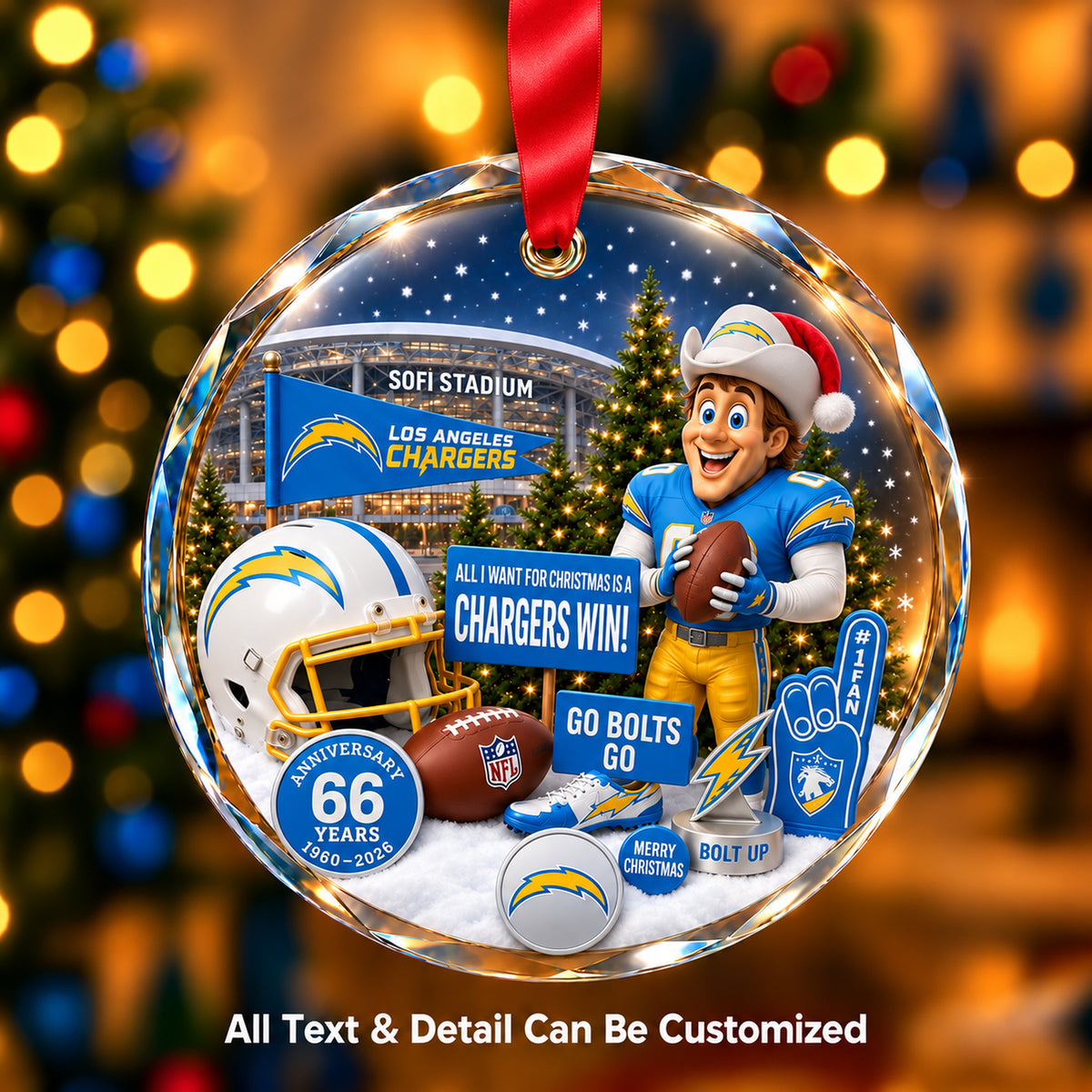 Los Angeles Chargers Snow Globe Glass Ornament